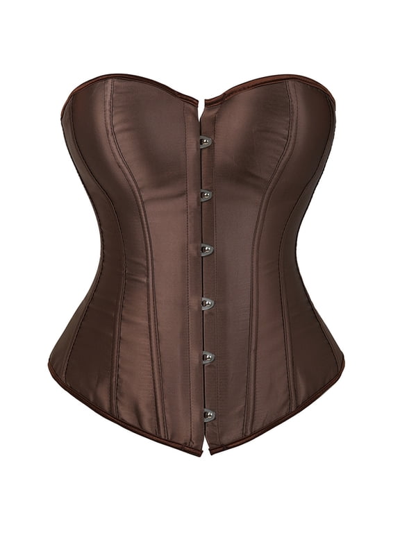 Women's Satin Corsets Top Plus Size Gothic Overbust Corset Lace up Vintage Bustier Corset Brown Size 3XL