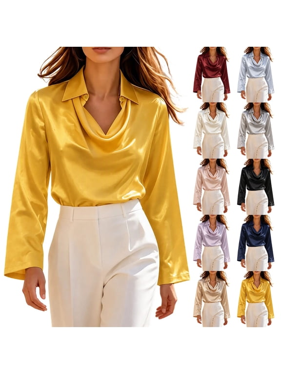 Women's Satin Cowl Neck Blouse Long Sleeve Glossy Silky Draped Collar Loose Fit Dressy Chic office Work Elegant Business Casual Shirts Tops Yellow