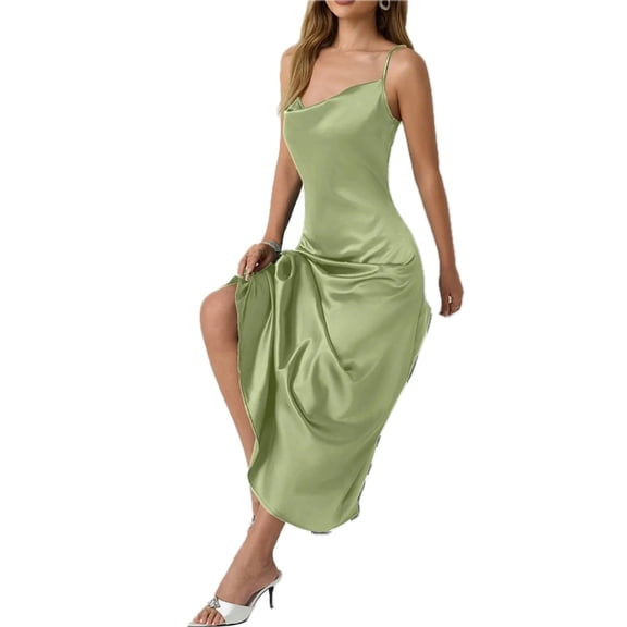 Women's Satin Cowl Neck Cami Dress with Slightly Stretch Fabric for Elegant Evening Wear and Party Events Glamour