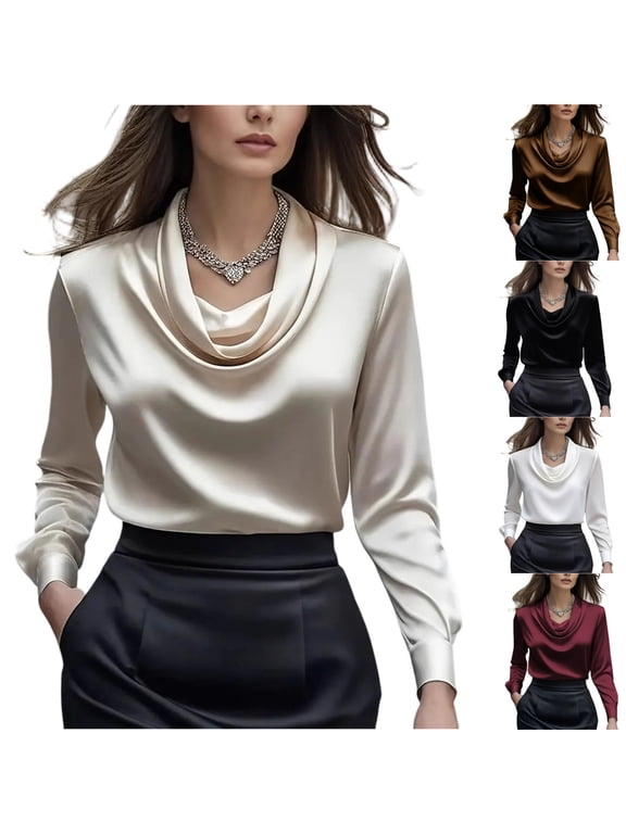 Women's Satin Cowl Neck Long Sleeve Blouse Elegant Silky Formal Office Top for Work, Business Beige L