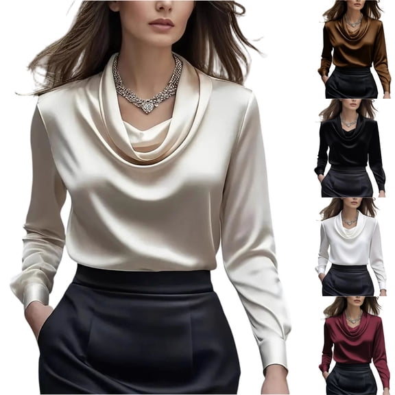 Women's Satin Cowl Neck Long Sleeve Blouse Elegant Silky Formal Office Top for Work, Business Beige M