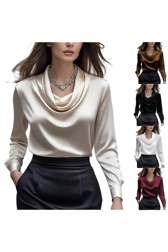 Women's Satin Cowl Neck Long Sleeve Blouse Elegant Silky Formal Office Top for Work, Business Beige M