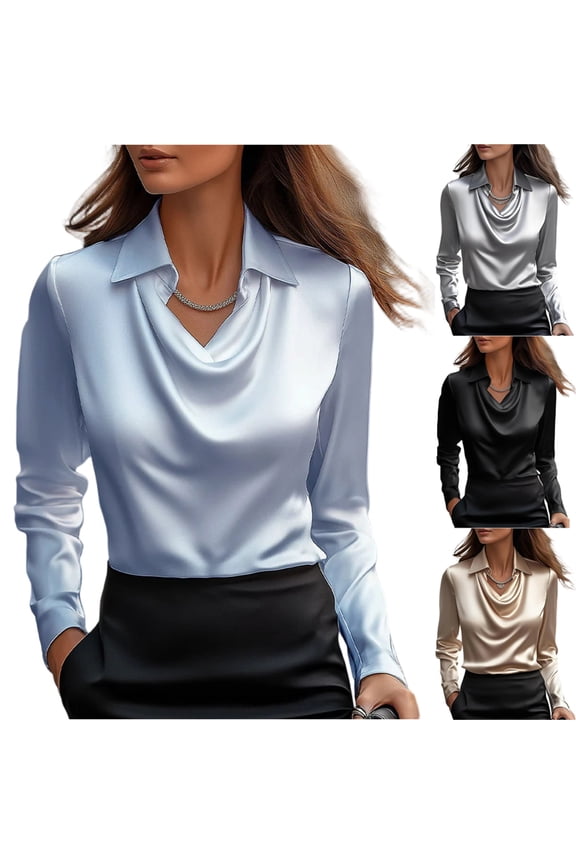 Women's Satin Cowl Neck Long Sleeve Blouse Elegant Silky Formal Office Top for Work, Business Blue L