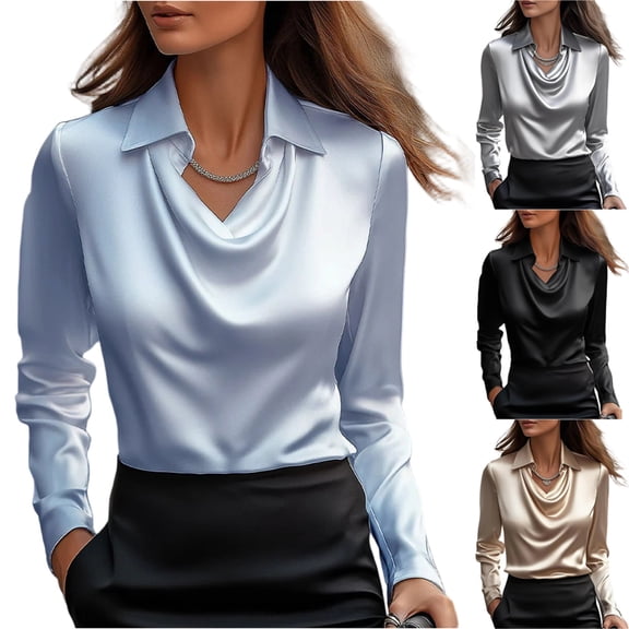 Women's Satin Cowl Neck Long Sleeve Blouse Elegant Silky Formal Office Top for Work, Business Gray M