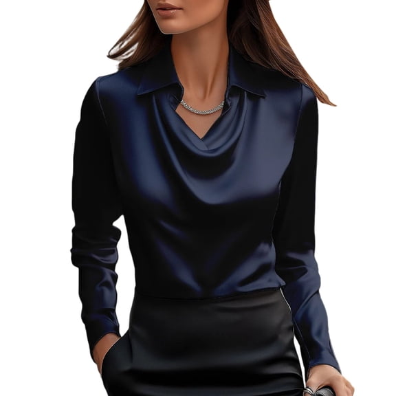 Women's Satin Cowl Neck Long Sleeve Blouse Elegant Silky Formal Office Top for Work, Business Navy M