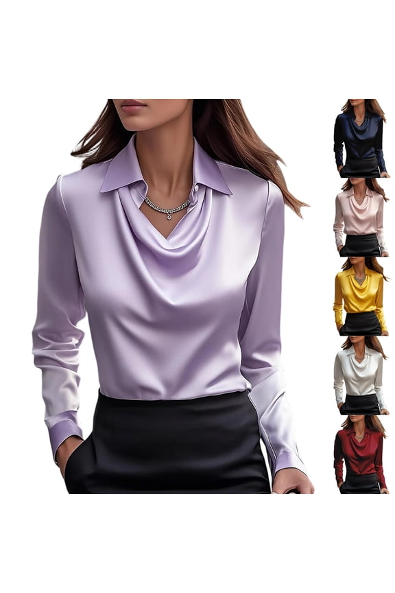 Women's Satin Cowl Neck Long Sleeve Blouse Elegant Silky Formal Office Top for Work, Business Purple S