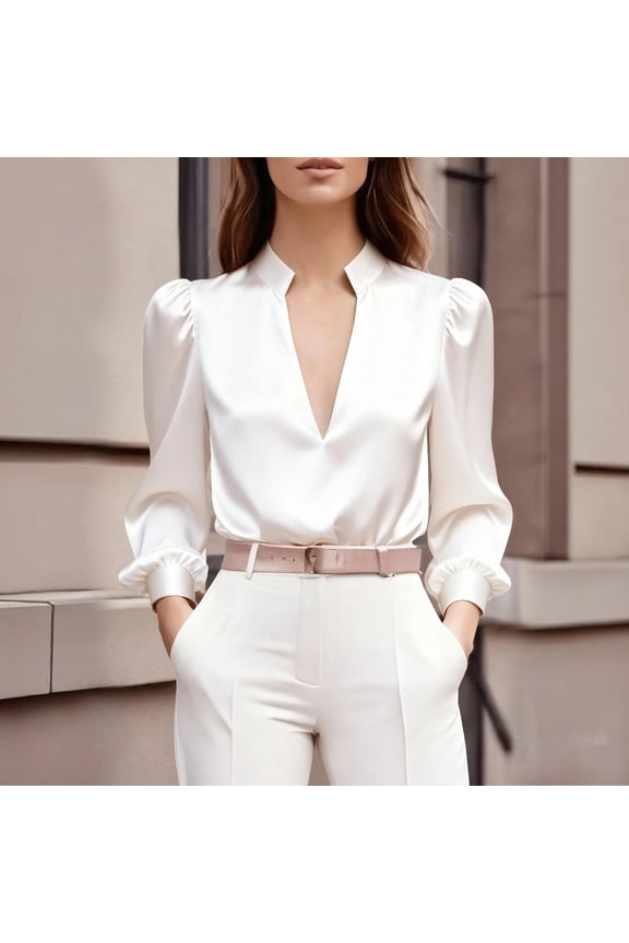 Women's Satin Deep V-Neck Blouse, Slip On Pullover Top, Slim Fit Tunic, Luxurious Sheen Fabric, Flattering Casual Wear, Elegant Soft Draping Shirt White L