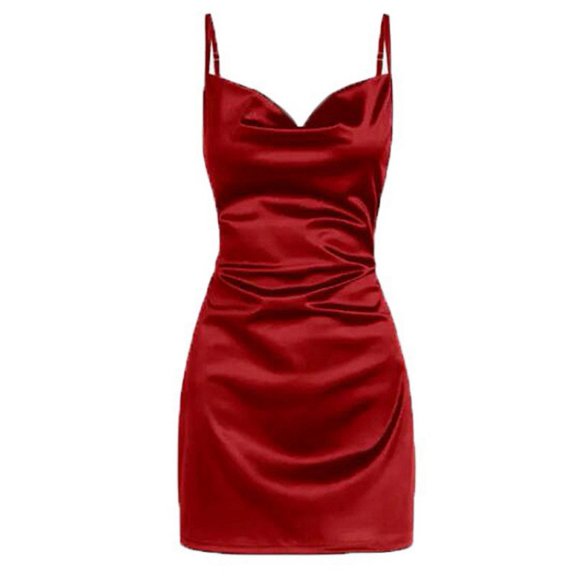 Women's Satin Drape Cowl Neck Sleeveless Strappy Cami Party Midi Dress