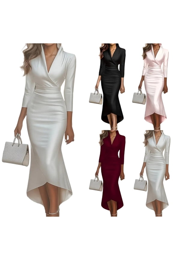 Women's Satin Dress Evening Dress Long Sleeve V-Neck Solid Color Elegant Slip Maxi Dress for Party Spring Fall,Black,2XL