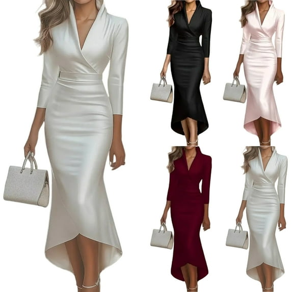 Women's Satin Dress Evening Dress Long Sleeve V-Neck Solid Color Elegant Slip Maxi Dress for Party Spring Fall,Pink,L