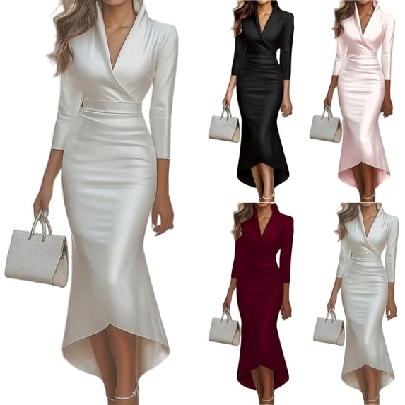 Women's Satin Dress Evening Dress Long Sleeve V-Neck Solid Color Elegant Slip Maxi Dress for Party Spring Fall,Wine,S