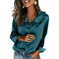 thumbnail image 1 of Women's Satin Dress Shirt Ruffle Lepal Collar Elegant Long Sleeve Top Fashion Blouse Dark Blue M, 1 of 7