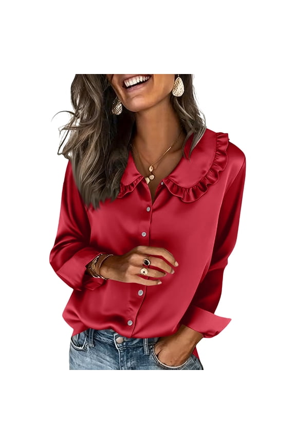 Women's Satin Dress Shirt Ruffle Lepal Collar Elegant Long Sleeve Top Fashion Blouse Red M