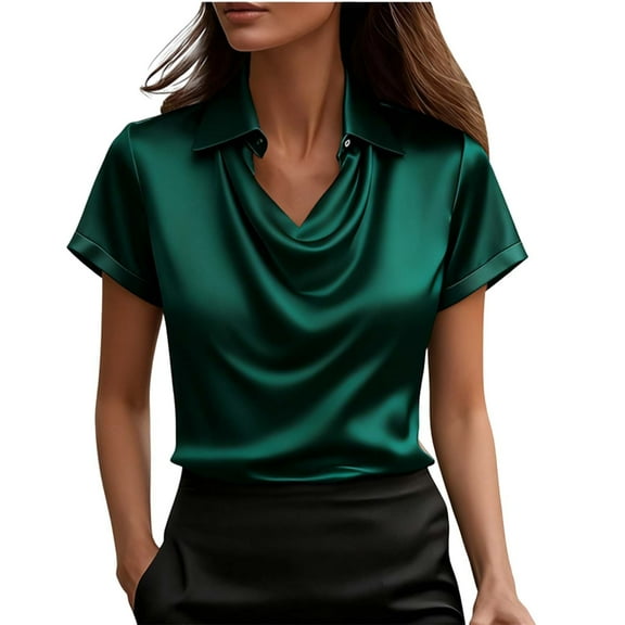 Women’s Satin Dress Tops Lapel Collar Short Sleeve Shirt Summer Fashion Temperament Business Blouses ,Green,M