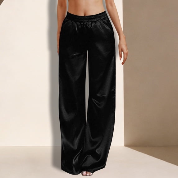 Women's Satin Elastic Waist Wide Leg Casual Trousers Comfortable Flowy Pants With Pockets Women's Comfortable Lightweight Regular Pants Girl Pull On Sweatpants