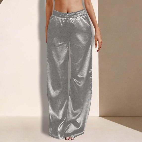 Women's Satin Elastic Waist Wide Leg Casual Trousers Comfortable Flowy Pants With Pockets Women's Comfortable Lightweight Regular Pants Girl Pull On Sweatpants