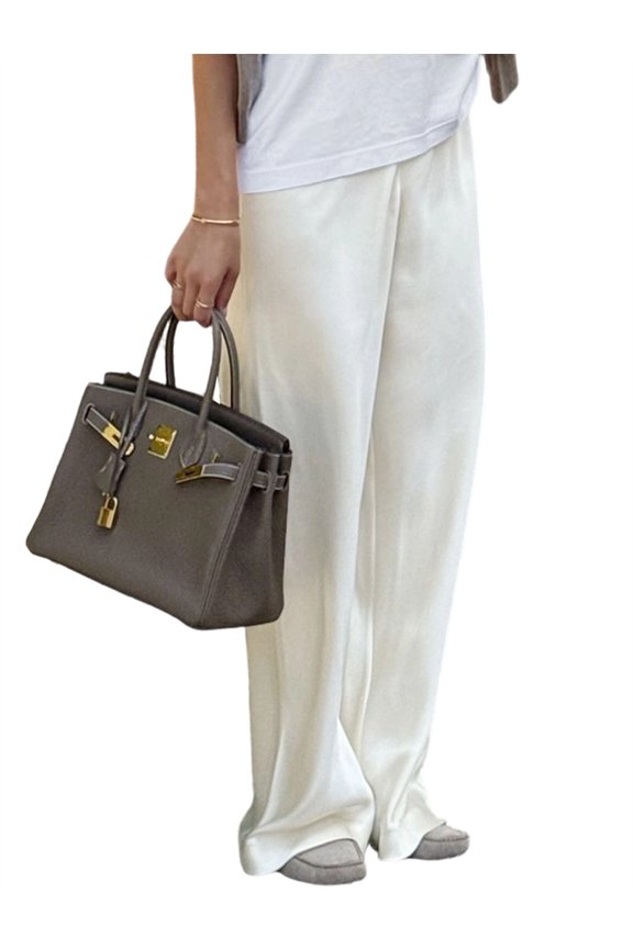 Women's Satin Elastic Waist Wide Leg Long Pants Beige M