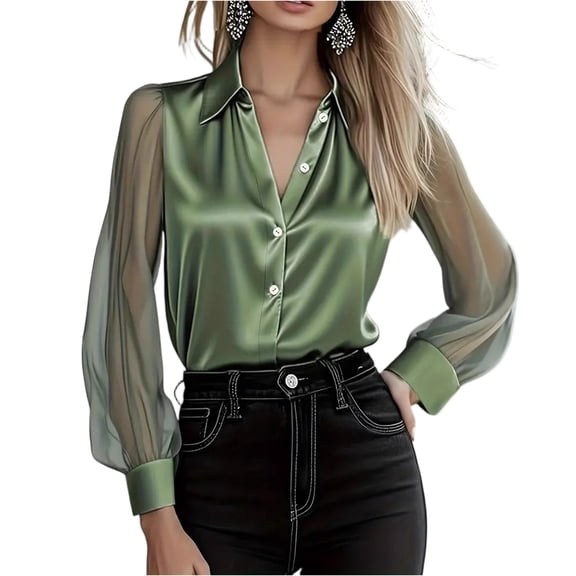 Women's Satin Fabric Casual Pure Color Long Sleeve Top - Smooth Satin Material, Elegant Loungewear, Comfortable Long Sleeve Blouse, Versatile Women's Tops,Green,L
