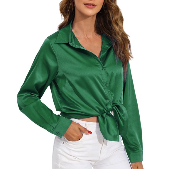 Women's Satin-Finish Sweetheart Neck Blouse, Long Sleeve Slim Fit Shirt with Colorfast Dye & Casual-Chic Office-to-Dinner Versatility,Dark Green 2XL