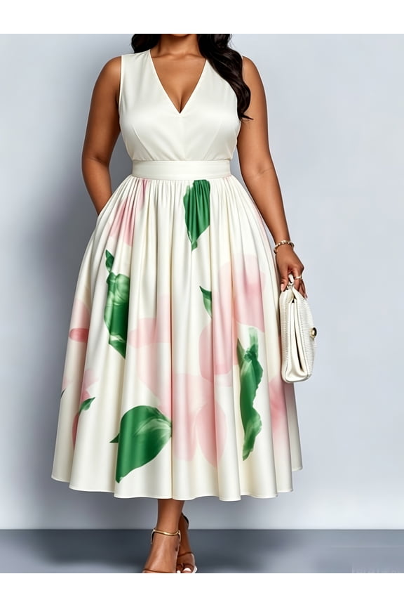 Women's Satin Floral Midi Dress Sleeveless Deep V Pleated Swing Skirt with Hidden Side Pockets