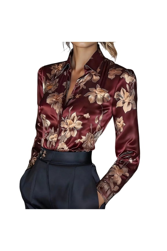 Women's Satin Floral Print Button Down Shirt Casual Long Sleeve Lapel Silky Blouse Top