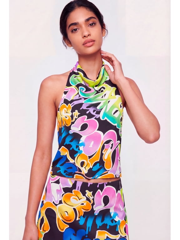 Women's Satin Graffiti Print Halter Top