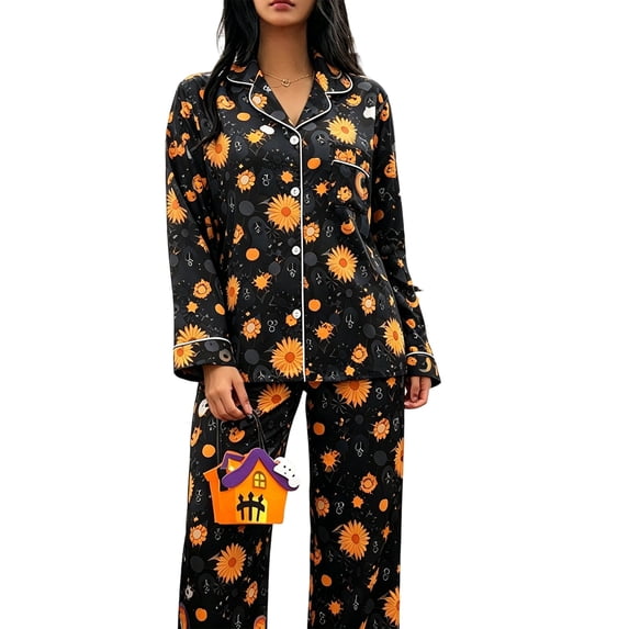 Women's Satin Halloween Pajamas Sets 2 Piece Long Sleeve Pjs Sets Causal V Neck Button Shirts Straight Leg Pants Loose Fit Ghost Printed Sleepwear Lounge Sets Black1 S