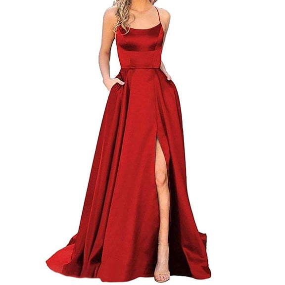 Women's Satin Halter Backless Maxi Dress - A-Line Cross Strap Side Slit with Pockets, Red, L