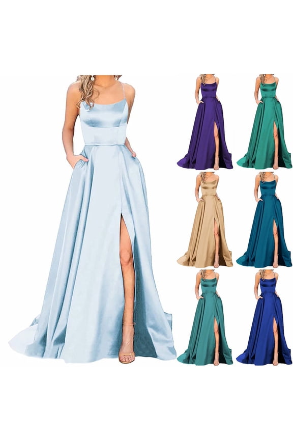 Women's Satin Halter Backless Maxi Dress - A-Line Cross Strap Side Slit with Pockets, Red, XXXL