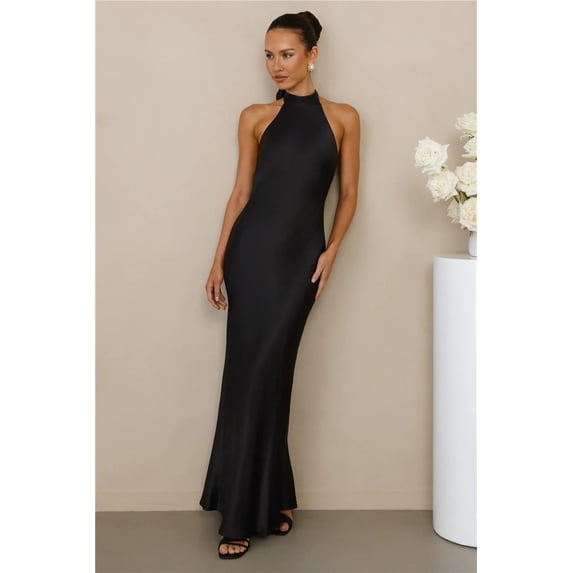 Women's Satin Halter Maxi Dress, Backless Lace-Up Evening Gown for Weddings and Formal Events