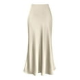 thumbnail image 1 of Women's Satin High Waist Hidden Elasticized Waistband Flared Casual A Line Midi Skirt L Beige, 1 of 2