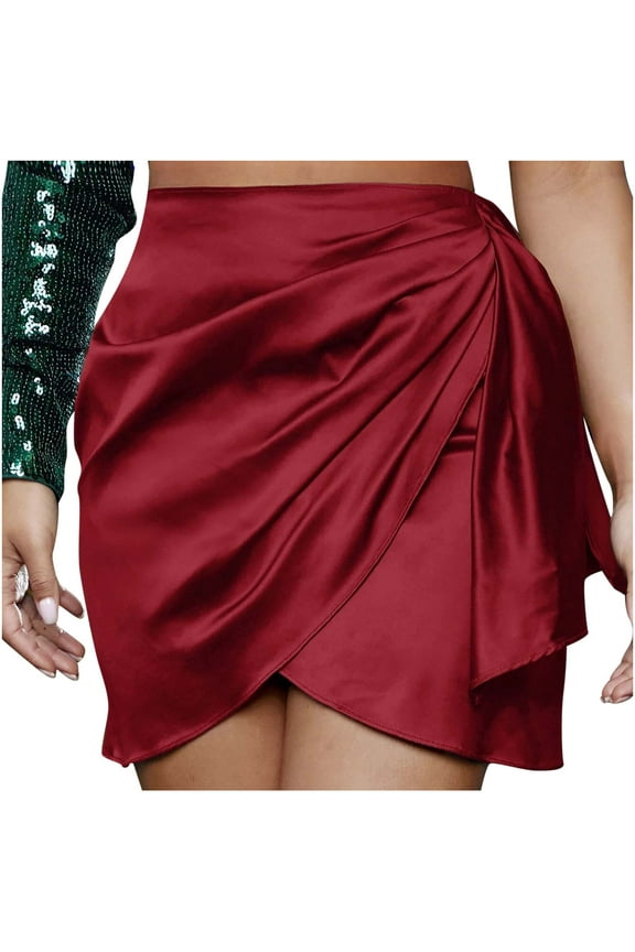 Women's Satin High Waist Short Asymmetrical Split Wrap Mini Ruched Skirt for Women