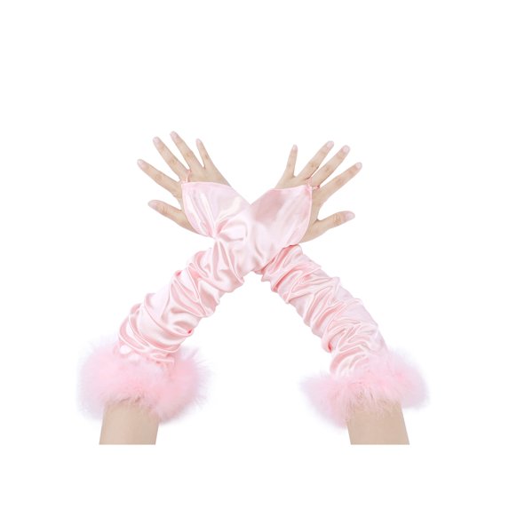 Women's Satin Hooked Finger Gloves Feather Cuffs Fingerness Costplay Sleeves for Christmas Dance 1920s Party Pink