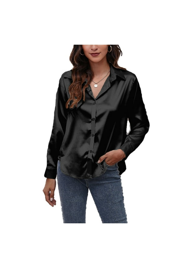Women's Satin Imitation Silk Long Sleeve Button Down Shirt Formal Work Blouse Top - Black,black,XXL,