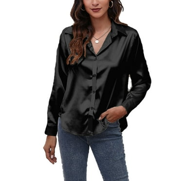 Women's Satin Imitation Silk Long Sleeve Button Down Shirt Formal Work Blouse Top - Black
