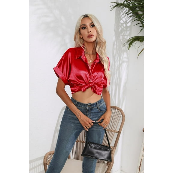 Women's Satin Imitation Silk Short Sleeve Shirt