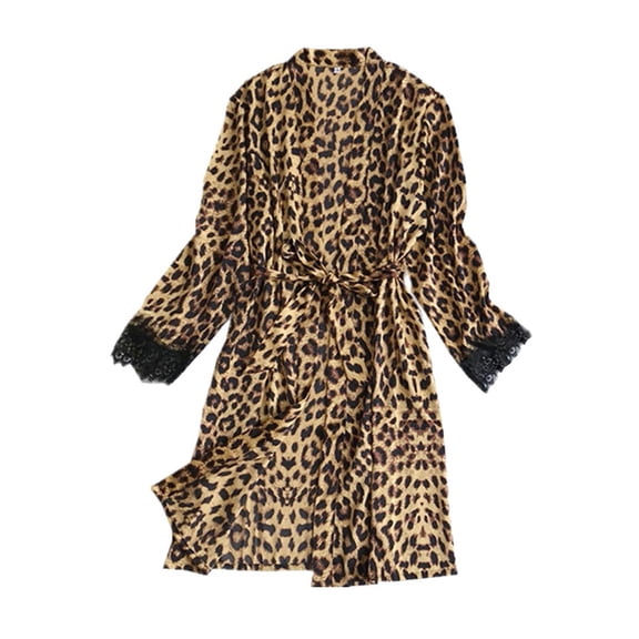 Woman's Leopard Robe Women's Satin Kimono Robe Leopard Print Lace Long Sleeve Belted Night ...