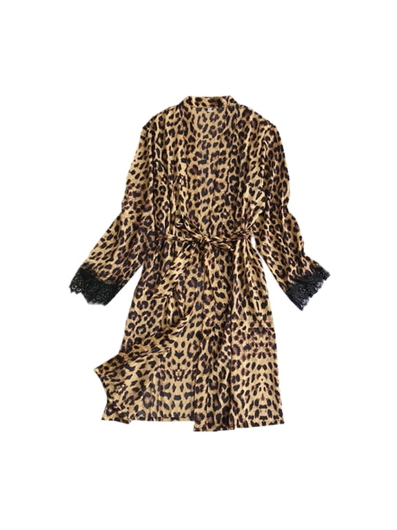 Women's Satin Kimono Robe Leopard Print Lace Long Sleeve Belted Night Robe Sleepwear Dressing Gown Brown L