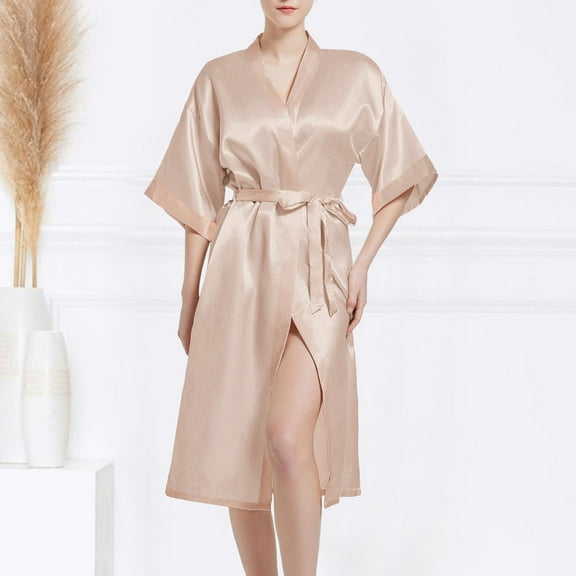 Women's Satin Kimono Robe Luxe Bridal Dressing Gown Soft Bathrobe Elegant V Neck Silk Kimono with Adjustable Belt for Spa Wedding