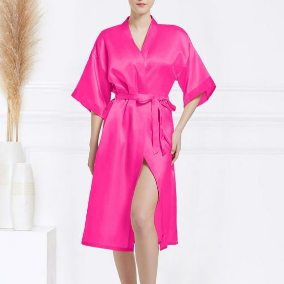 Women's Satin Kimono Robe Luxe Bridal Dressing Gown Soft Bathrobe Elegant V Neck Silk Kimono with Adjustable Belt for Spa Wedding