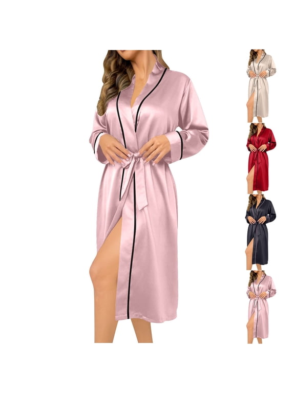 Women's Satin Kimono Robe Vneck Long Sleeve Midi Length Loungewear with Adjustable Waist Tie Casual Nightgown