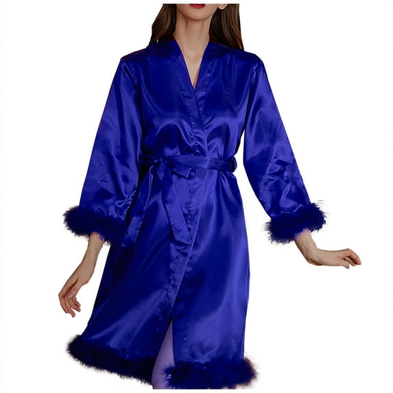 Women's Satin Kimono Robe with Feather Trim Silk Bathrobe Bridesmaid Wedding Party Gown Robes Fall Soft Sleepwear M-2XL