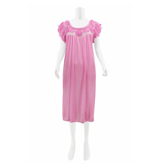 Women's Satin Lace Lingerie Underwear Dress Ruffled Sleeve Nightdress Nightgown (L, Pink)