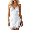 thumbnail image 1 of Women's Satin Lace Trim Slip Dress Split Side Mini Nightgown Adjustable Spaghetti Straps V Neck Bow Detail Sleepwear Loungewear Home Wear Free Size, 1 of 5