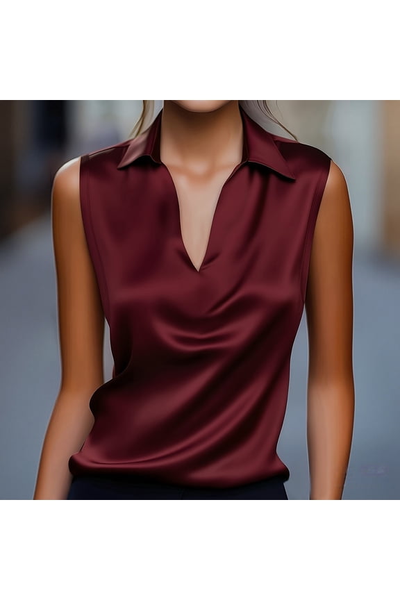 Women's Satin Lapel Neck Sleeveless Top, Small V-Neck Blouse, Breathable Comfort Wear, Casual Cool Summer Blouse, Elegant Office Ready Shell, Versatile Layering Piece Wine XL