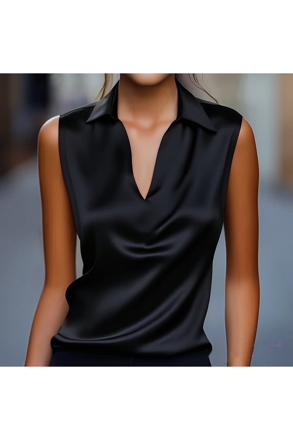 Women's Satin Lapel Neck Sleeveless Top, Small V-Neck Blouse, Breathable Comfort Wear, Casual Cool Summer Blouse, Elegant Office Ready Shell, Versatile Layering Piece Black XXL