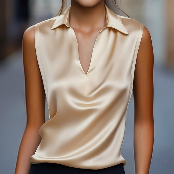 Women's Satin Lapel Neck Sleeveless Top, Small V-Neck Blouse, Breathable Comfort Wear, Casual Cool Summer Blouse, Elegant Office Ready Shell, Versatile Layering Piece Gold L