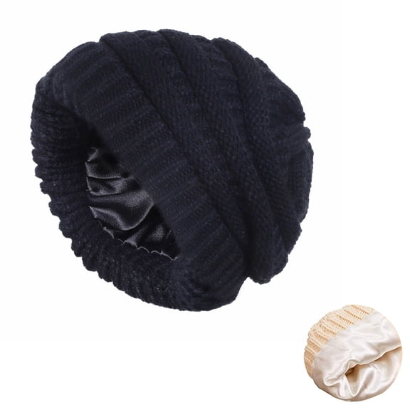 Women's Satin Lined Slouchy Beanie, Cozy Cable Knit Winter Hat with Silk Like Lining for Hair Scalp Protection, Soft Warm Knit Cap for Autumn Winter Outdoor Black
