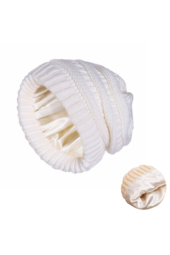 Women's Satin Lined Slouchy Beanie, Cozy Cable Knit Winter Hat with Silk Like Lining for Hair Scalp Protection, Soft Warm Knit Cap for Autumn Winter Outdoor White