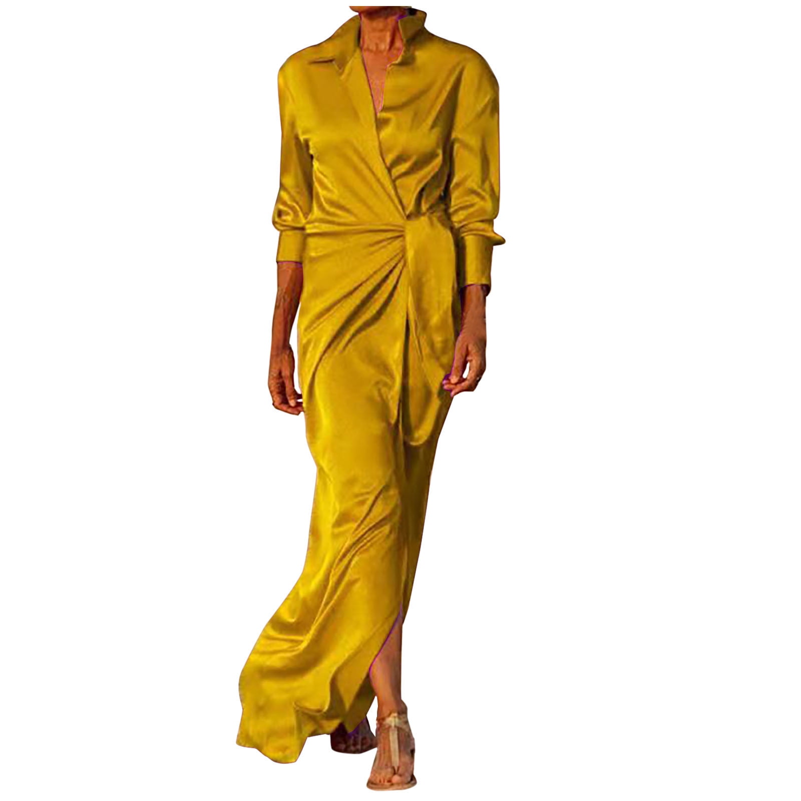 Women's Satin Long Dresses Lapel V Neck Solid Color Long Sleeve